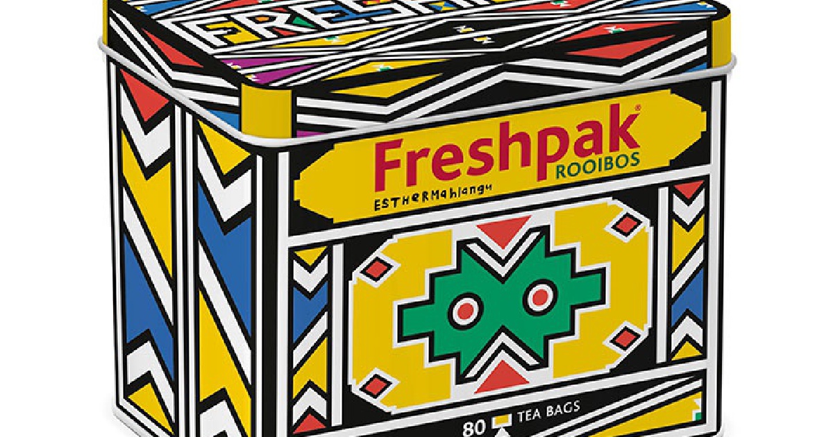 The Freshpak 80s limited edition tea tin designed by Dr Esther Mahlangu
